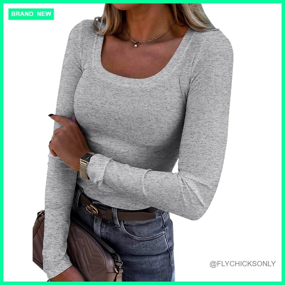Long Sleeve Scoop Neck Ribbed Knit Slim Fit T-Shirt